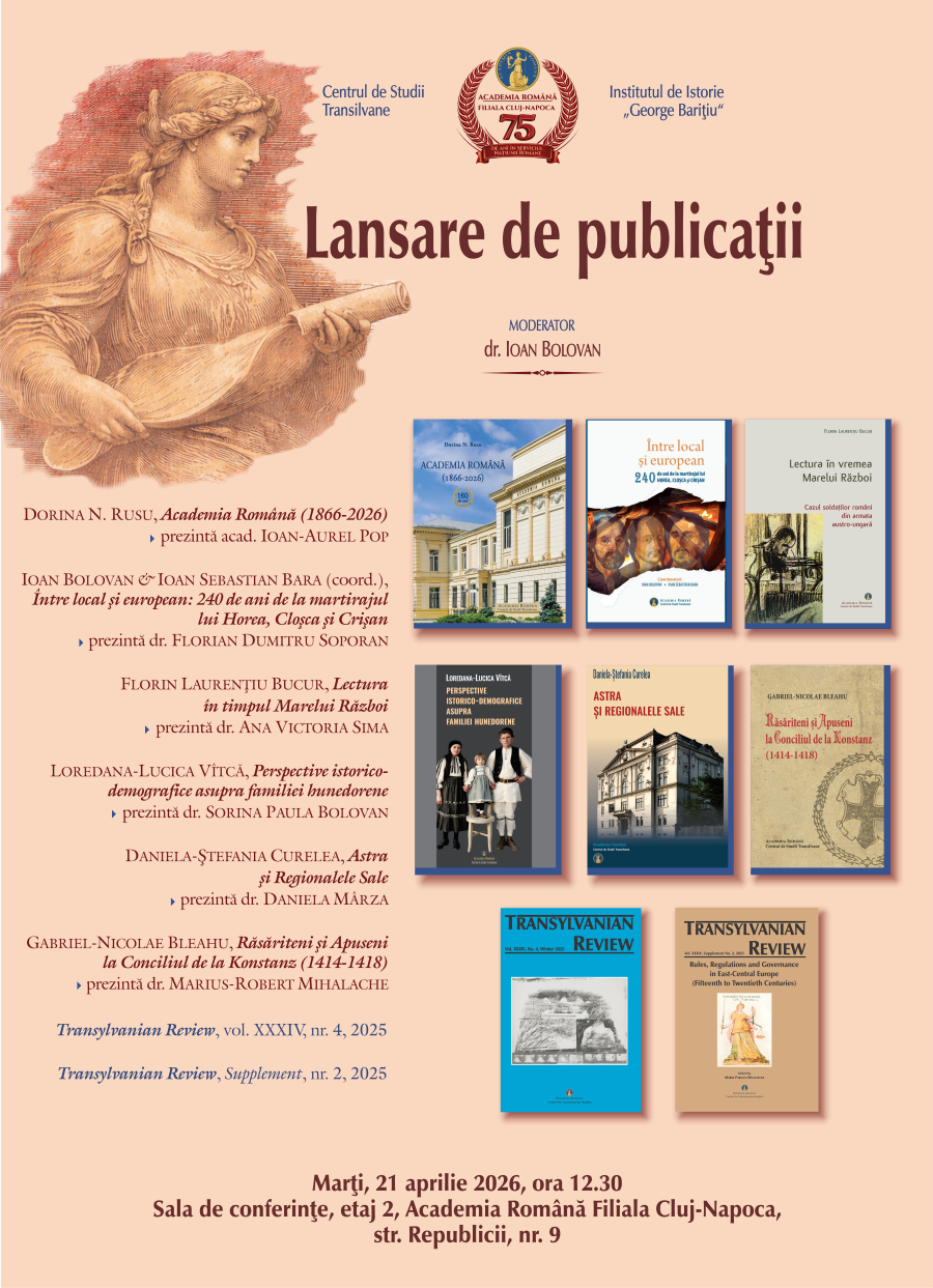 Afiș Lansarea publicațiilor apărute recent sub egida Centrului de Studii Transilvane